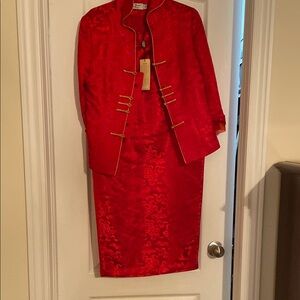 Elegant Red Brocade Skirt Suit